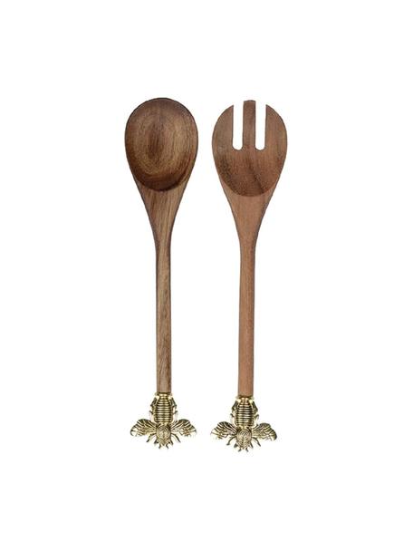 Set 2 posate da insalata in legno con ape dorata sul manico Bee, Legno, metallo, Marrone, dorato, Lung. 31 cm
