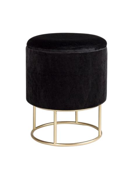 Tabouret en velours avec rangement Polina, Velours noir, Ø 35 x haut. 45 cm