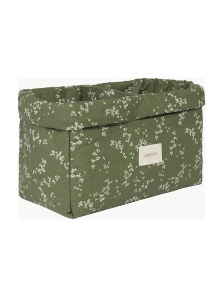 Panier de rangement en coton bio Stories, Vert olive, blanc cassé, motif floral, larg. 30 x prof. 20 cm