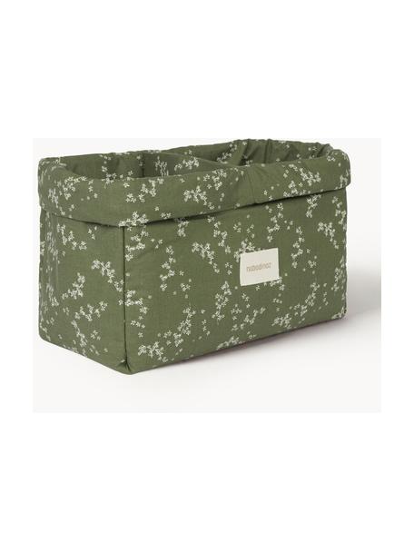 Panier de rangement en coton bio Stories, Vert olive, blanc cassé, motif floral, larg. 30 x prof. 20 cm