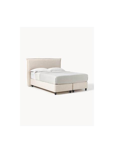 Boxspring bed Emily, Bekleding: 52% polyester, 32% viscos, Matras: 5-zones pocketvering, Poten: massief gelakt berkenhout, Geweven stof in lichtbeige tinten, B 160 x L 200 cm, hardheidsgraad H2