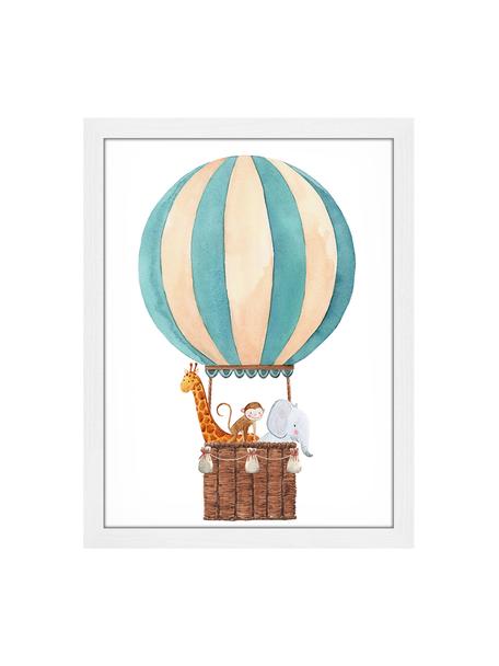 Oprawiony druk cyfrowy Balloon with Animals, Biały, wielobarwny, S 33 x W 43 cm