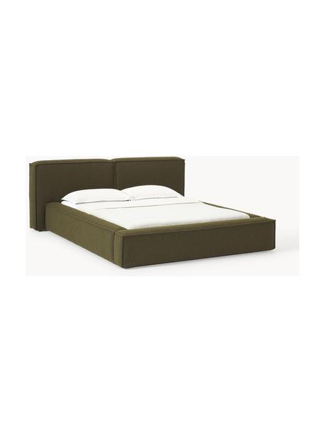 Čalouněná bouclé postel s úložným prostorem Lennon, Olivově zelená, Š 228 cm, D 243 cm (plocha k ležení 160 cm x 200 cm)