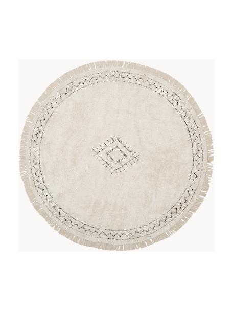 Ručne tkaný okrúhly bavlnený koberec so strapcami Fionn, Svetlobéžová, čierna, Ø 120 cm (veľkosť S)