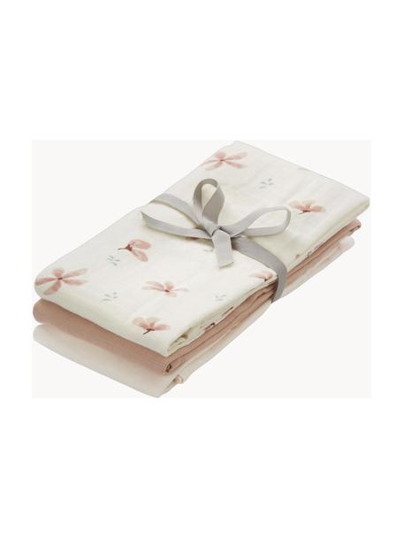 Musselintücher-Set Wildflower, 3er-Set, 100 % Bio-Baumwolle, GOTS-zertifiziert, Cremefarben, Rosa, gemustert, B 70 x L 70 cm