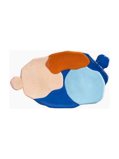 Handbeschilderde serveerplateau Chunky van porselein, Porselein, Roze, oranje, lichtblauw, donkerblauw, B 28 x D 16 cm