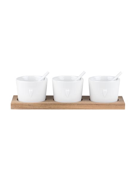 Handgemaakte schalenset Heart van porselein, 7-delig, Dienblad: hout, Wit, helder hout, B 22 x H 6 cm