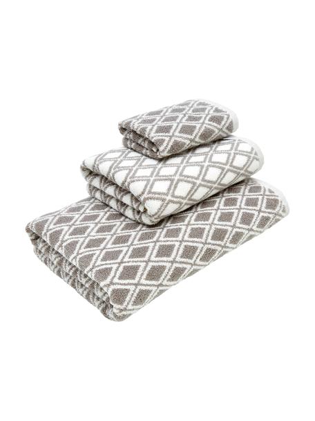 Dubbelzijdige handdoek-set Ava met grafisch patroon, 3-delig, Taupe, crèmewit, Set met verschillende formaten