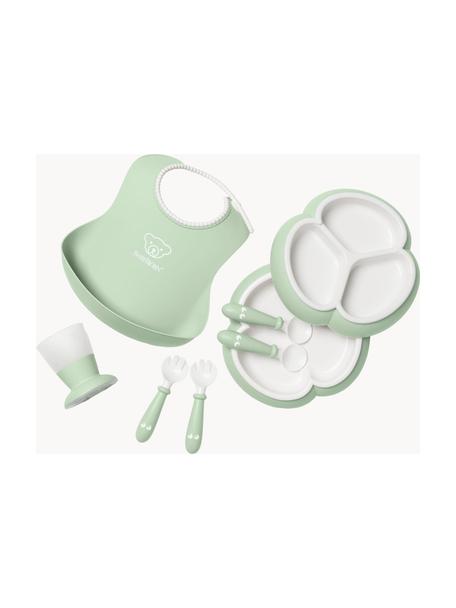 Set di 8 stoviglie per bambini con bavaglino Bliss, Plastica, Verde salvia, bianco, Larg. 17 x Alt. 13 cm