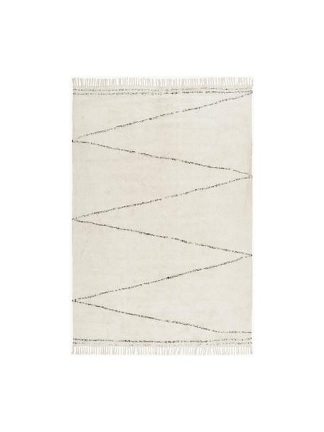Ručně všívaný bavlněný koberec s klikatým vzorem a třásněmi Asisa, 100 % bavlna, Světle béžová, černá, Š 200 cm, D 300 cm (velikost L)