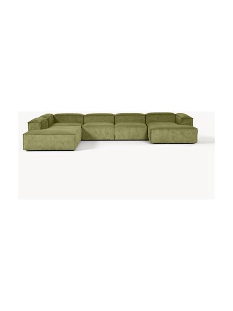 Modulare Wohnlandschaft Lennon aus Cord, Bezug: Cord (92 % Polyester, 8 %, Gestell: Massives Kiefernholz FSC-, Füße: Kunststoff, Cord Dunkelgrün, B 418 x T 269 cm, Eckteil links