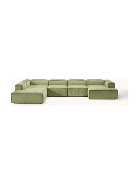 Sofá rinconera modular de pana Lennon, Tapizado: pana (92% poliéster, 8% p, Estructura: madera de pino maciza, ma, Patas: plástico Este producto es, Pana verde oscuro, An 418 x F 269 cm, chaise longue izquierda