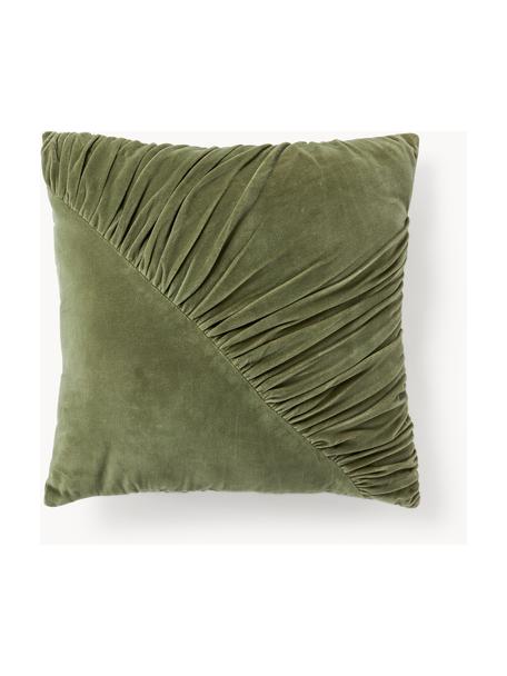 Cojín de terciopelo con volantes Vada, con relleno, Funda: 100% terciopelo de algodó, Verde oliva, An 50 x L 50 cm