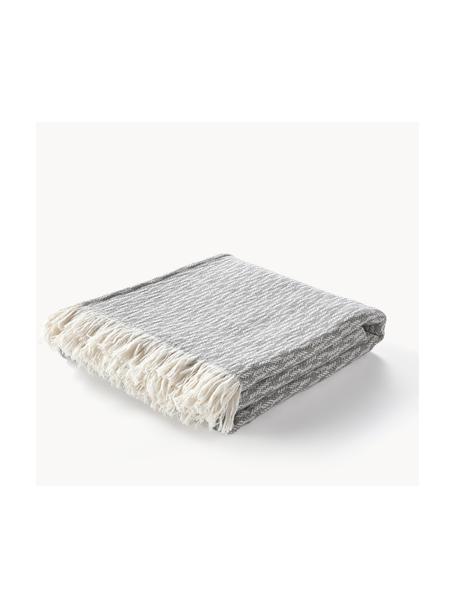 Coperta con motivo a spina di pesce e frange Alistair, 80% cotone, 20% poliacrilico, Grigio scuro, bianco, Larg. 130 x Lung. 170 cm