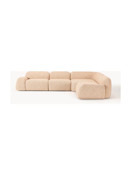 Sofá rinconera modular en tejido bouclé Wolke (4 plazas), Tapizado: tejido bouclé (96% poliés, Tapizado: espuma de poliuretano, ce, Estructura: madera de pino, madera de, Patas: plástico Este producto es, Bouclé naranja, An 349 x F 262 cm