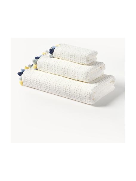 Lot de serviettes de bain en velours avec franges Niam, set de tailles variées, Blanc crème, tons bleus et jaunes, 3 éléments (1 serviette invité, 1 serviette de toilette et 1 drap de bain)