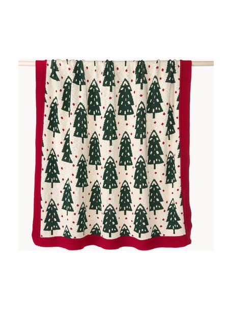 Plaid en coton Noeleen, 100 % coton, Rouge, blanc cassé, vert foncé, larg. 130 x long. 170 cm