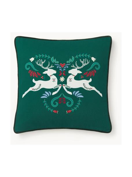 Kissenhülle Deers mit winterlichem Motiv, Bezug: 100 % Baumwolle, Dunkelgrün, Weiß, Rot, B 45 x L 45 cm