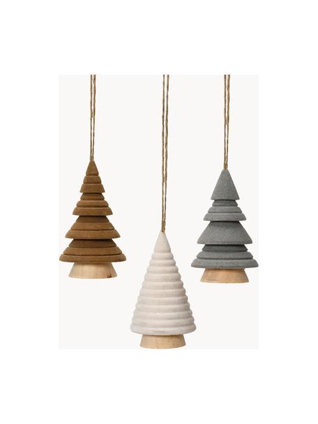 Figurines de Noël en forme de sapin Maggie, 3 élém., MDF, Bois clair, gris, brun, blanc, Ø 6 x haut. 10 cm