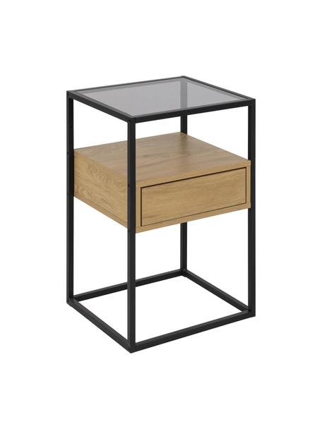 Comodino in vetro con cassetto Randolf, Struttura: metallo verniciato a polv, Nero, legno, Larg. 40 x Alt. 60 cm