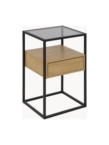 Stolik nocny ze szkła Randolf, Stelaż: metal malowany proszkowo, Blat: szkło, Czarny, drewno naturalne, S 40 x W 60 cm
