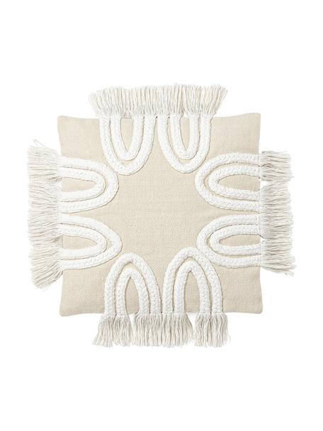 Kussenhoes Ivor met getufte decoratie en franjes, 100% biokatoen, Beige, B 45 x L 45 cm