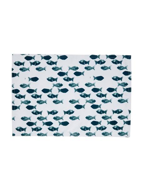 Waterafstotende placemats Fishbone, 2 stuks, Polyester, Wit, blauw, B 33 x L 48 cm