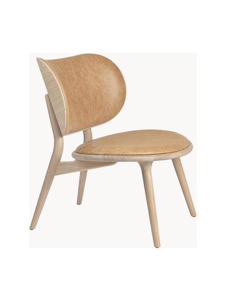 Leren loungefauteuil Rock met houten poten, handgemaakt, Zitvlak: papiergaas, Frame: eikenhout Dit product is , Beige, licht eikenhout, B 65 x D 69 cm