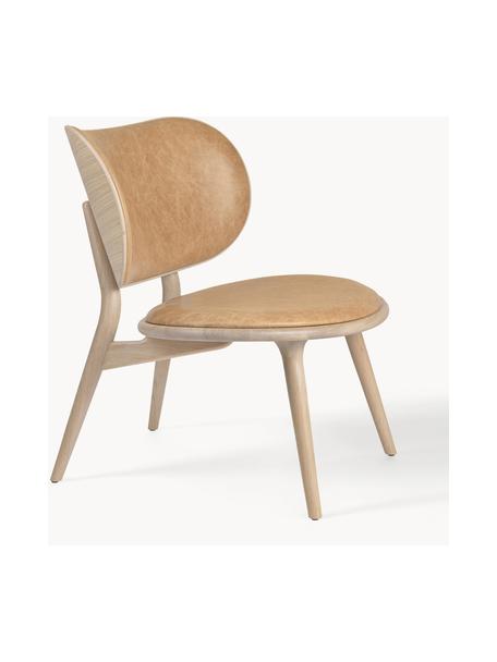 Sedia lounge in pelle con gambe in legno Rocker, fatta a mano, Struttura: legno di quercia Questo p, Beige, legno di quercia chiaro, Larg. 65 x Prof. 69 cm