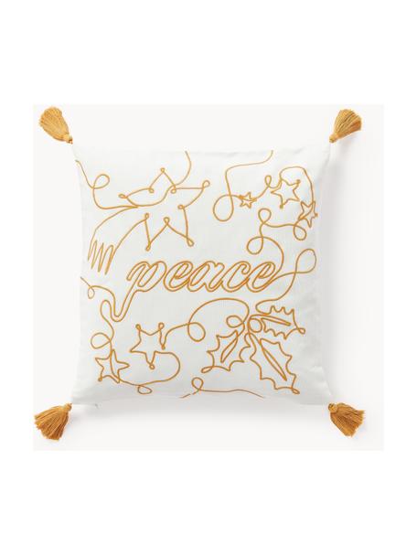 Housse de coussin 45x45 brodée Alora, 100 % coton, Blanc, jaune moutarde, larg. 45 x long. 45 cm