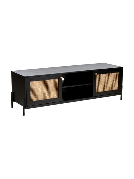 Meuble TV en cannage Vienna, Bois de manguier, noir, larg. 160 x haut. 50 cm