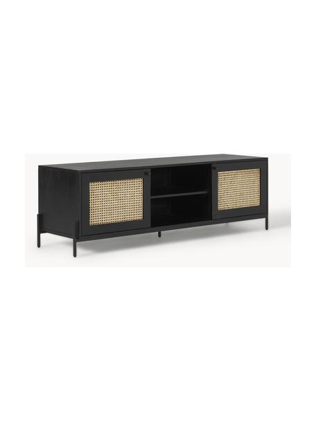 Mueble de TV con tejido vienés Vienna, Estructura: madera de mango maciza pi, Patas: metal con pintura en polv, Madera de mango, negro, An 160 x Al 50 cm