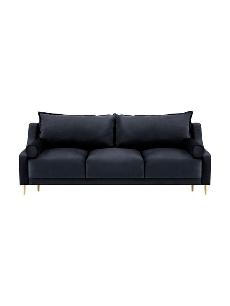 Divano letto 3 posti in velluto blu scuro con contenitore Lea, Rivestimento: velluto di poliestere Il , Piedini: metallo verniciato a polv, Velluto blu scuro, ottonato, Larg. 215 x Alt. 94 cm