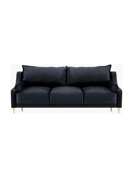 Divano letto 3 posti in velluto blu scuro con contenitore Lea, Rivestimento: velluto di poliestere Il , Piedini: metallo verniciato a polv, Velluto blu scuro, ottonato, Larg. 215 x Alt. 94 cm