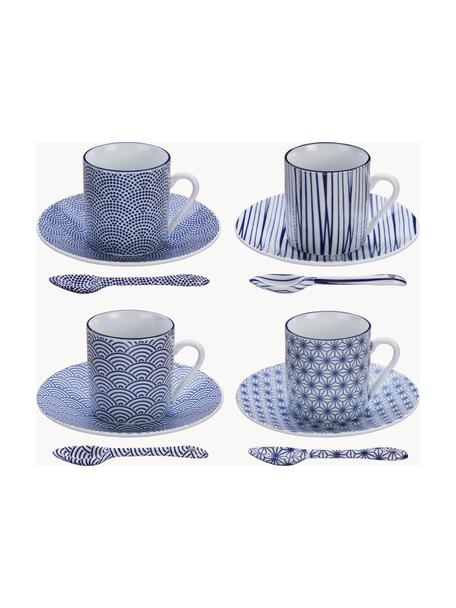 Set 4 tazzine in porcellana fatte a mano con piattini e cucchiaini Nippon, Porcellana, Blu, bianco, Set in varie misure