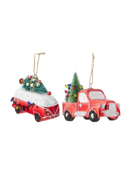 Set 2 ciondoli albero di Natale infrangibili Truck, Plastica, Rosso, bianco, verde, Larg. 12 x Alt. 9 cm
