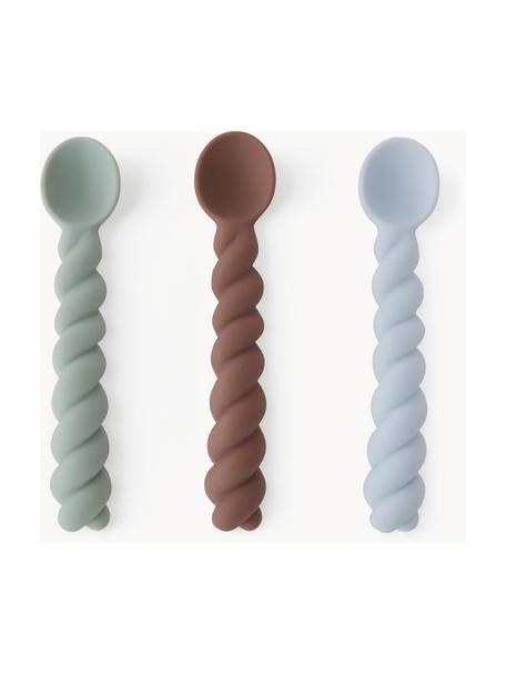 Cuillères pour enfant Mellow, 3 élém., 100 % silicone, Vert sauge, brun, bleu ciel, larg. 3 x long. 13 cm