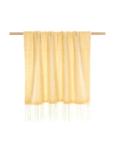 Manta de lana con flecos Mathea, 60% lana, 25% acrílico, 15% nylon, Amarillo, crema, L 170 x An 130 cm