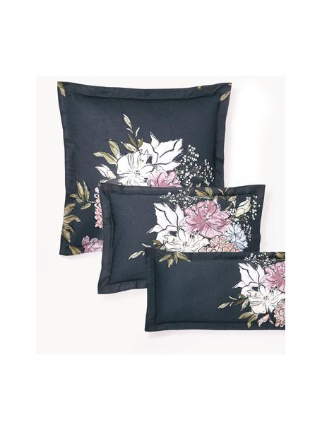 Baumwollsatin-Kopfkissenbezug Margot mit Blumen-Print, Webart: Satin Fadendichte 210 TC,, Dunkelblau, Hellbeige, B 50 x L 70 cm