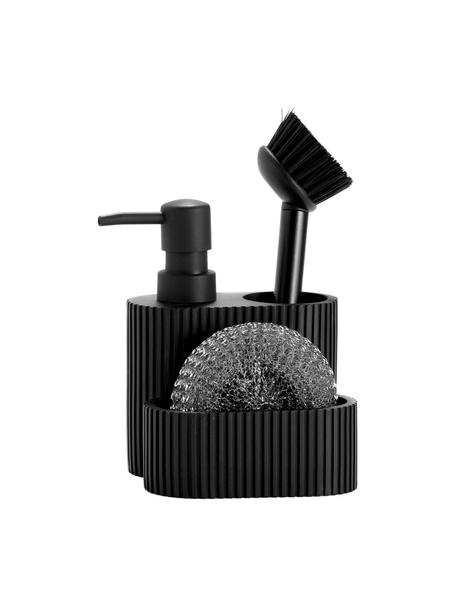 Afwasmiddeldispenser Poly met spons, set van 3, Houder: polyresin, Spons: edelstaal, Zwart, B 12 x H 19 cm