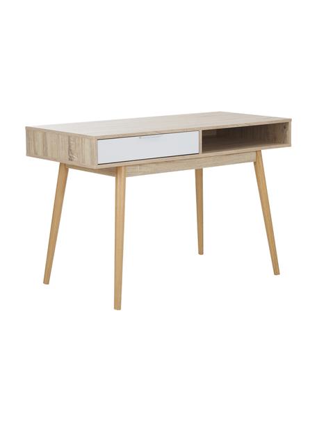 Schreibtisch Samo in Eichen-Optik, Tischplatte: Spanplatte, bedruckt mit , Beine: Eichenholz, Eichenholz, Weiß, 120 x 79 cm