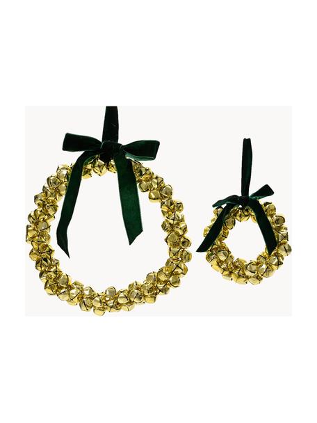 Set de coronas navideñas con cascabeles Ribbon, 2 uds., Hierro recubierto, Dorado, Set de diferentes tamaños