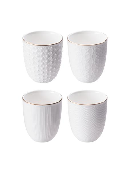 Ručně vyrobené porcelánové pohárky se strukturovaným povrchem a zlatým okrajem Nippon, 4 ks, Porcelán, Bílá, zlatá, Ø 7 x V 7 cm, 160 ml