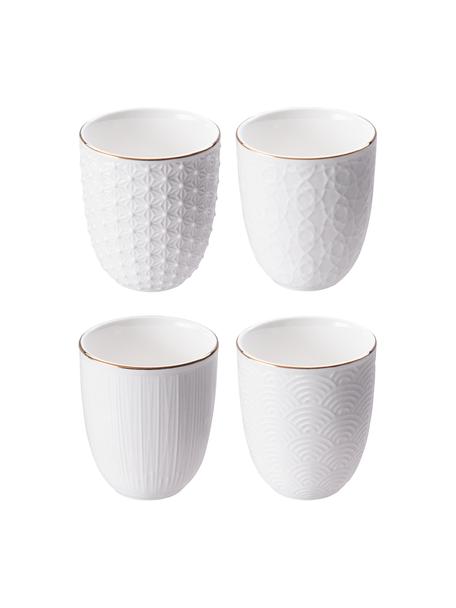 Ručne vyrobená súprava porcelánových hrnčekov so štruktúrou Nippon, 4 diely, Porcelán, Biela s pozláteným okrajom, Ø 7 x V 7 cm, 160 ml