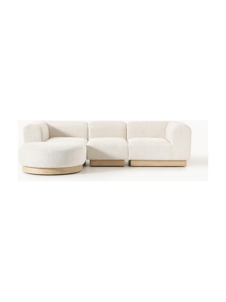 Modulares Sofa Natalie (3-Sitzer) aus Teddy-Bouclé mit Hocker, Bezug: Teddy-Bouclé (100 % Polye, Gestell: mitteldichte Holzfaserpla, Sockel: Massives Buchenholz, lack, Teddy-Bouclé Off White, helles Buchenholz, B 283 x T 197 cm