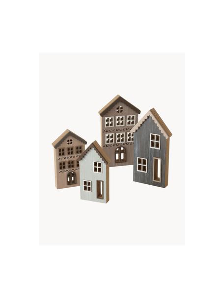 Decoratieve huisjes Ilmo, set van 4, MDF, Bruin, grijs, beige, Set met verschillende formaten