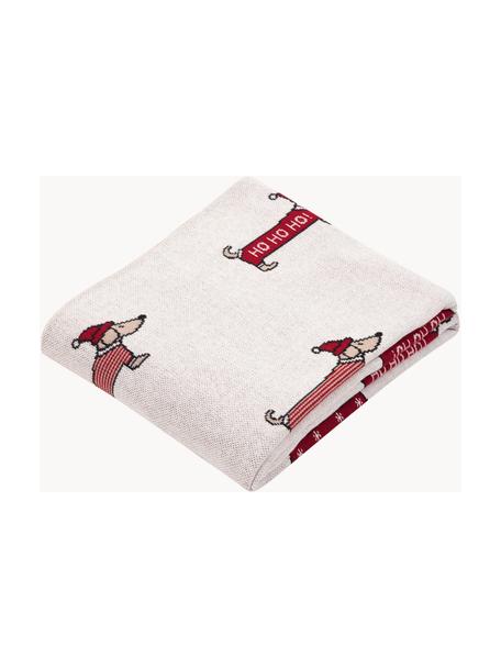 Weihnachtliche Baumwolldecke Santas Little Helper, 100% Baumwolle, Off-White, Rot, B 150 x L 200 cm