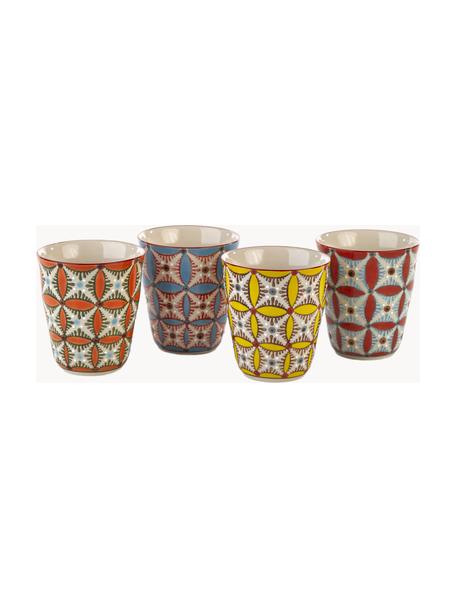 Handbemaltes Becher-Set Hippy, 4-tlg., Keramik, glasiert, Gelb, Terrakotta, Orange, Hellblau, Ø 9 x H 9 cm, 300 ml