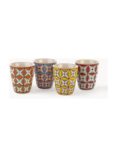 Handbemalte Becher Hippy, 4er-Set, Keramik, glasiert, Gelb, Terrakotta, Orange, Hellblau, Ø 9 x H 9 cm, 300 ml