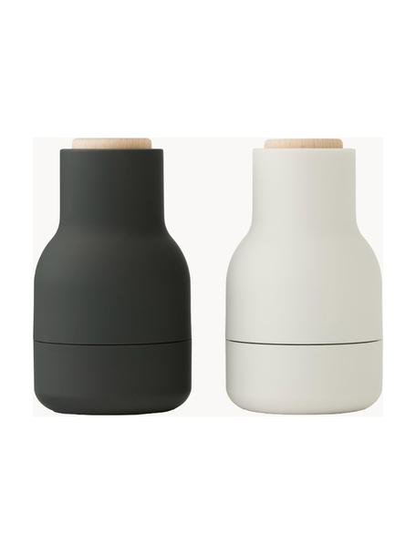 Salero y pimentero pequeños de diseño Bottle Grinder, 2 uds., Estructura: plástico, Grinder: cerámica, Negro, blanco Off White, madera de haya, Ø 7 x Al 12 cm